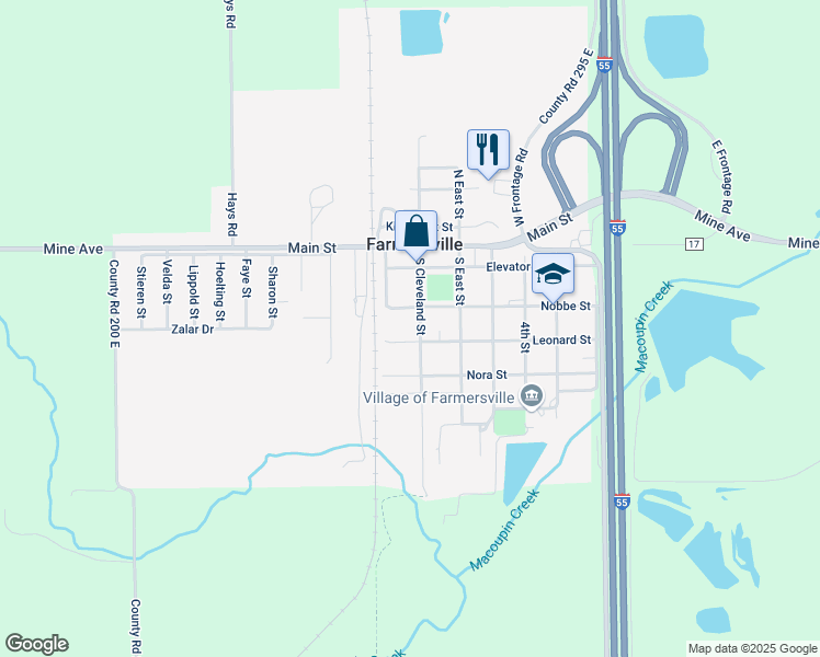 map of restaurants, bars, coffee shops, grocery stores, and more near 308 South Cleveland Street in Farmersville