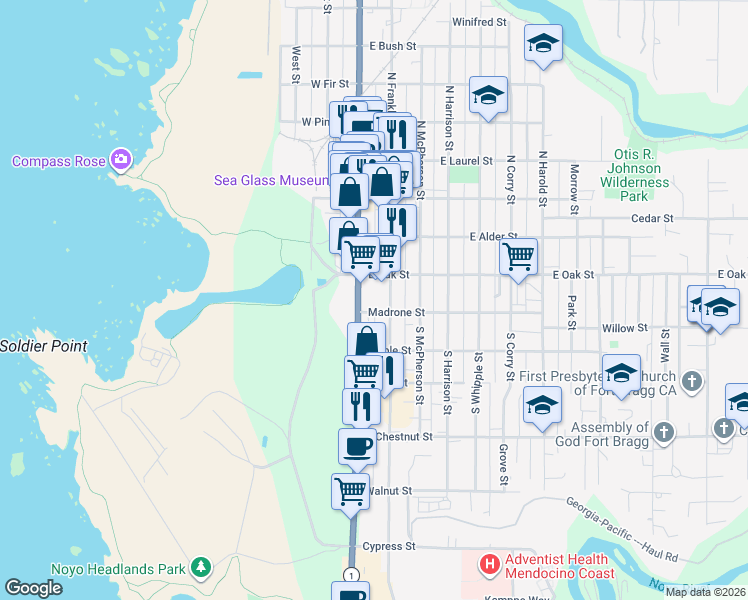 map of restaurants, bars, coffee shops, grocery stores, and more near 150 South Main Street in Fort Bragg