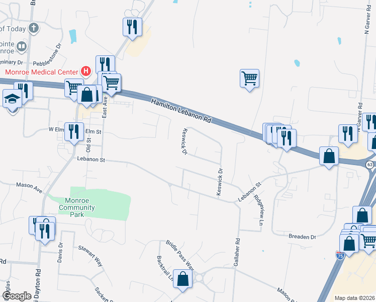 map of restaurants, bars, coffee shops, grocery stores, and more near 25 Pleasant Court in Monroe