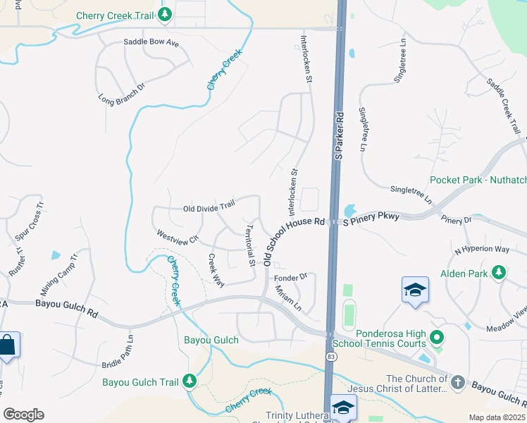 map of restaurants, bars, coffee shops, grocery stores, and more near 5410 Rhyolite Way in Parker