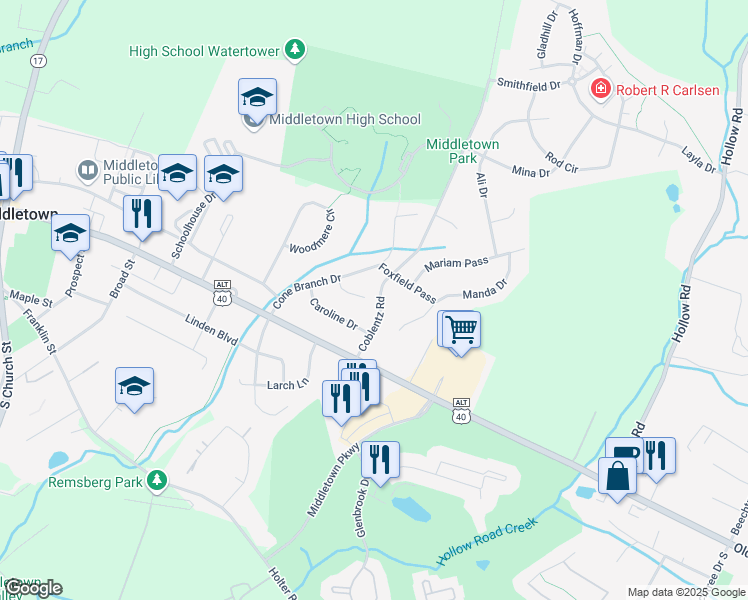 map of restaurants, bars, coffee shops, grocery stores, and more near 10 Gray Fox Court in Middletown