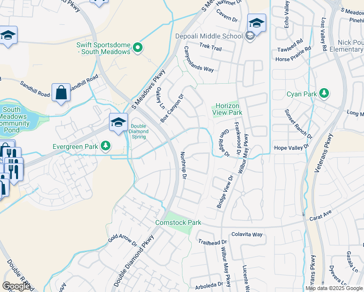 map of restaurants, bars, coffee shops, grocery stores, and more near 9705 Northrup Drive in Reno
