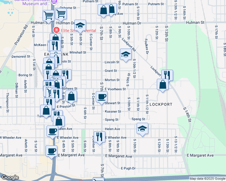map of restaurants, bars, coffee shops, grocery stores, and more near 801 East Voorhees Street in Terre Haute