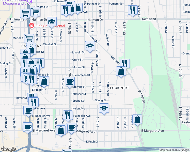 map of restaurants, bars, coffee shops, grocery stores, and more near 1035 East Voorhees Street in Terre Haute