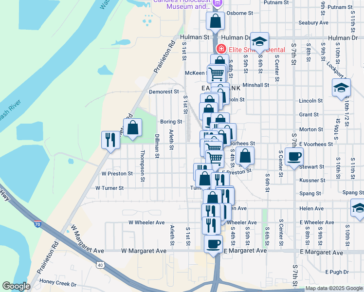 map of restaurants, bars, coffee shops, grocery stores, and more near 2401 South 1st Street in Terre Haute