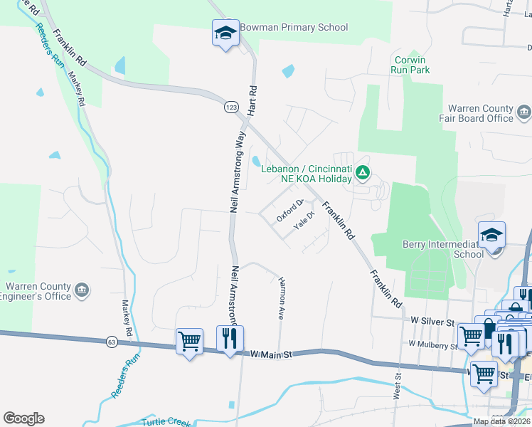 map of restaurants, bars, coffee shops, grocery stores, and more near 470 Georgetown Drive in Lebanon