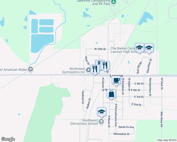 map of restaurants, bars, coffee shops, grocery stores, and more near 400 West 8th Terrace in Lawson