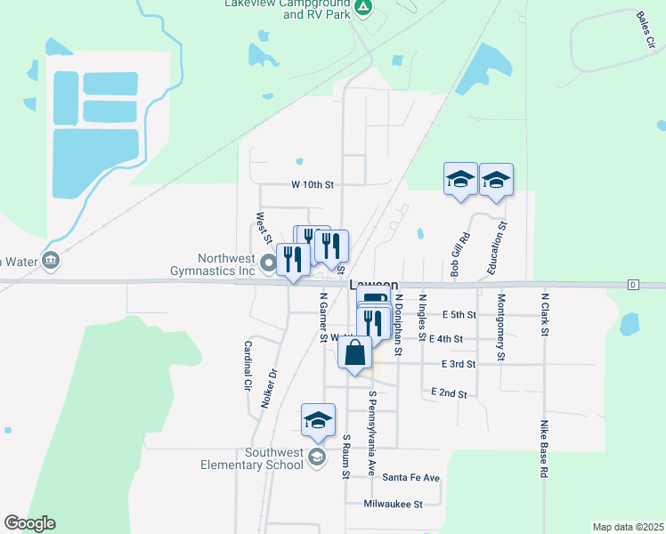 map of restaurants, bars, coffee shops, grocery stores, and more near 206 North Raum Street in Lawson