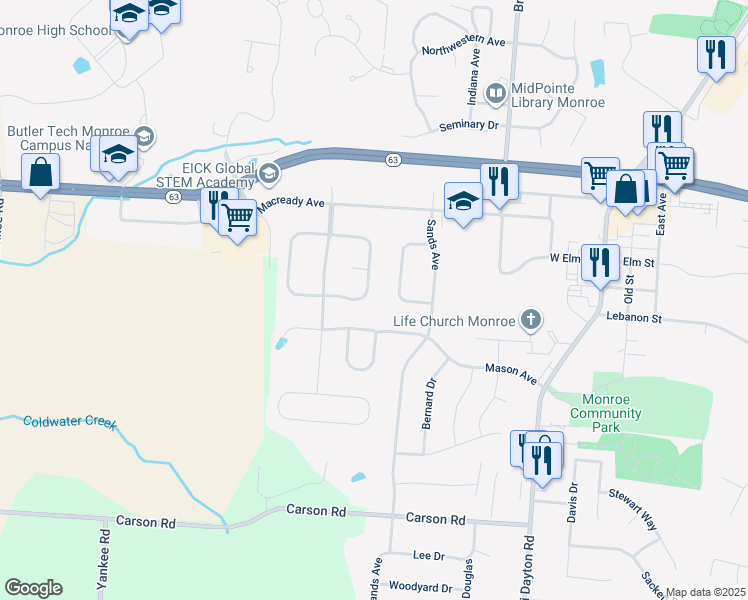 map of restaurants, bars, coffee shops, grocery stores, and more near 854 Willowbrook Drive in Monroe