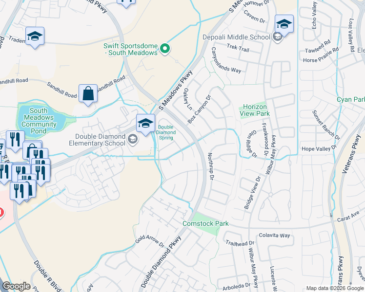 map of restaurants, bars, coffee shops, grocery stores, and more near 9698 Rolling Rock Way in Reno