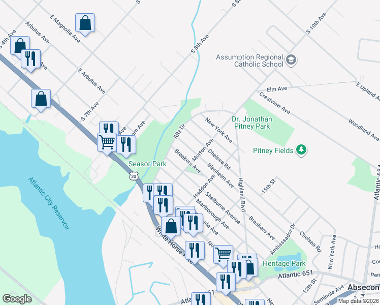 map of restaurants, bars, coffee shops, grocery stores, and more near 1103 Blenheim Avenue in Absecon