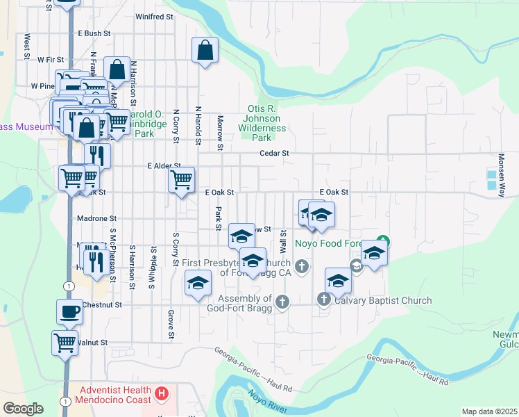 map of restaurants, bars, coffee shops, grocery stores, and more near 134 Livingston Street in Fort Bragg