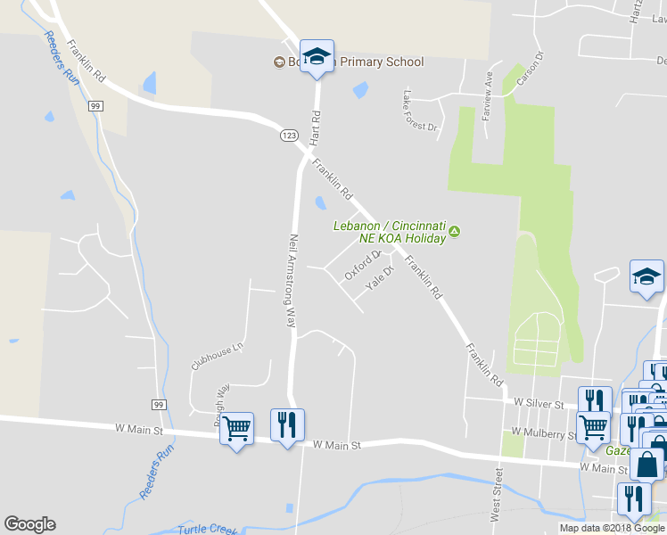 map of restaurants, bars, coffee shops, grocery stores, and more near 470 Georgetown Drive in Lebanon