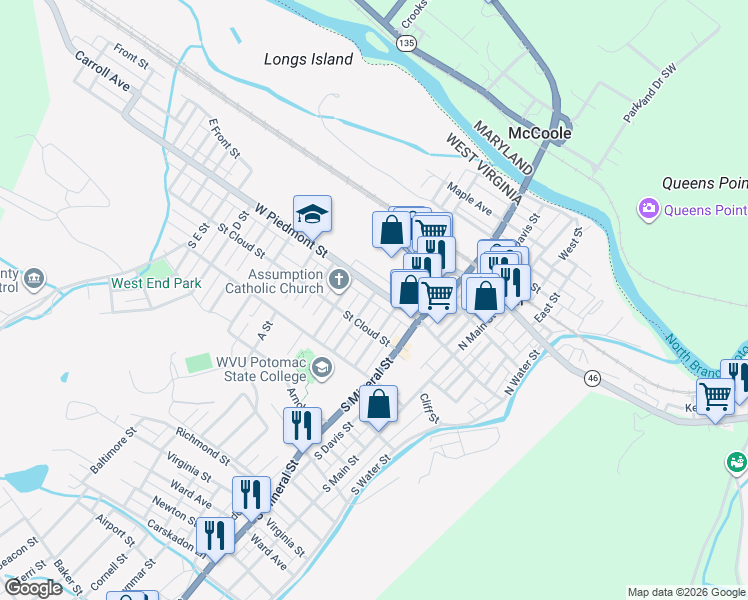 map of restaurants, bars, coffee shops, grocery stores, and more near 15 Spring Street in Keyser