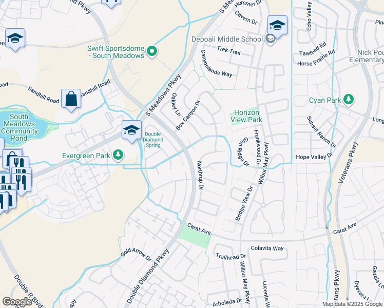 map of restaurants, bars, coffee shops, grocery stores, and more near 9741 South Legacy Court in Reno