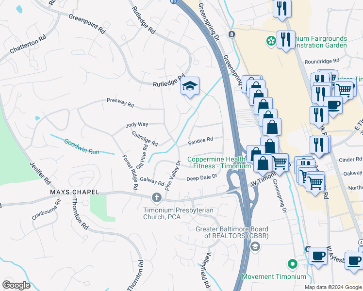 map of restaurants, bars, coffee shops, grocery stores, and more near 226 Sandee Road in Lutherville-Timonium