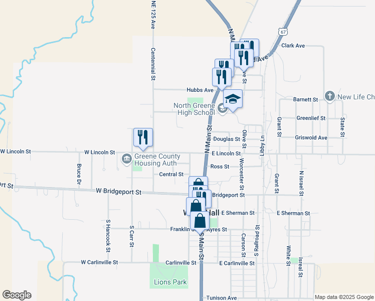 map of restaurants, bars, coffee shops, grocery stores, and more near 202 West Lincoln Street in White Hall