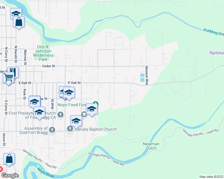 map of restaurants, bars, coffee shops, grocery stores, and more near 140 Hocker Lane in Fort Bragg