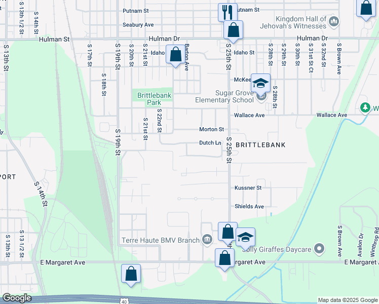 map of restaurants, bars, coffee shops, grocery stores, and more near 2537-2599 South 23rd Street in Terre Haute