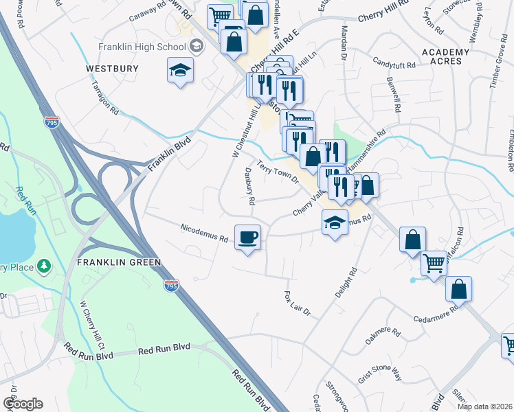 map of restaurants, bars, coffee shops, grocery stores, and more near 125 Rockrimmon Road in Reisterstown