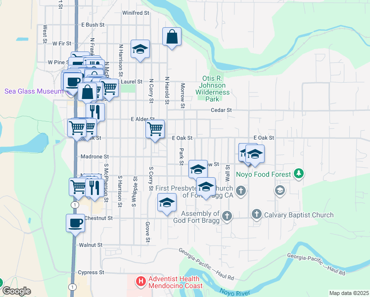 map of restaurants, bars, coffee shops, grocery stores, and more near 136 Park Street in Fort Bragg
