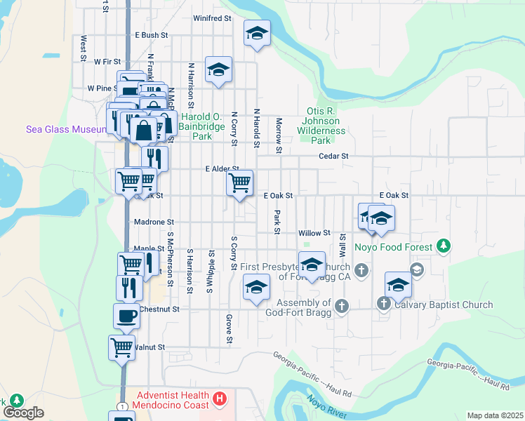 map of restaurants, bars, coffee shops, grocery stores, and more near 136 South Harold Street in Fort Bragg