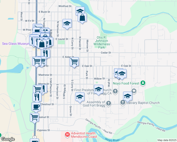 map of restaurants, bars, coffee shops, grocery stores, and more near 136 Park St in Fort Bragg