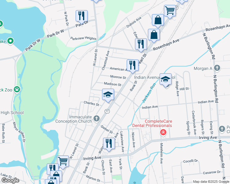 map of restaurants, bars, coffee shops, grocery stores, and more near Penn Street in Bridgeton
