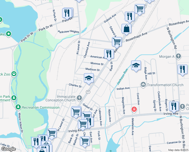map of restaurants, bars, coffee shops, grocery stores, and more near Penn Street in Bridgeton