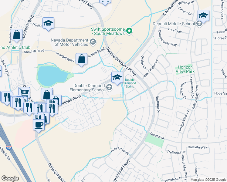map of restaurants, bars, coffee shops, grocery stores, and more near 1200 South Meadows Parkway in Reno