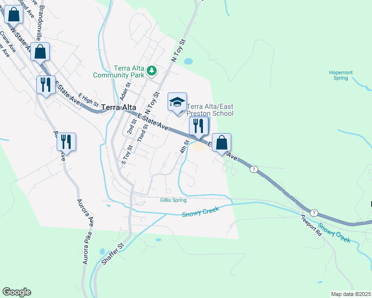 map of restaurants, bars, coffee shops, grocery stores, and more near 105-115 4th Street in Terra Alta
