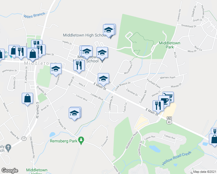 map of restaurants, bars, coffee shops, grocery stores, and more near 415 East Green Street in Middletown