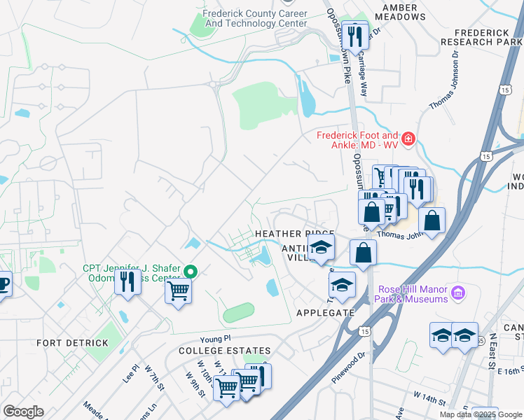 map of restaurants, bars, coffee shops, grocery stores, and more near 700 Heather Ridge Drive in Frederick