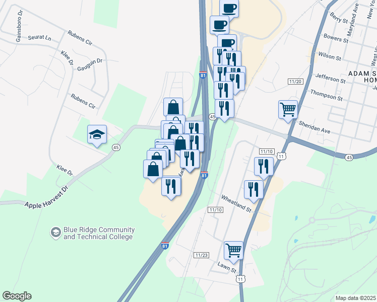 map of restaurants, bars, coffee shops, grocery stores, and more near Retail Commons Parkway in Martinsburg