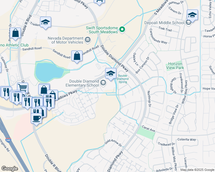 map of restaurants, bars, coffee shops, grocery stores, and more near 1200 South Meadows Parkway in Reno