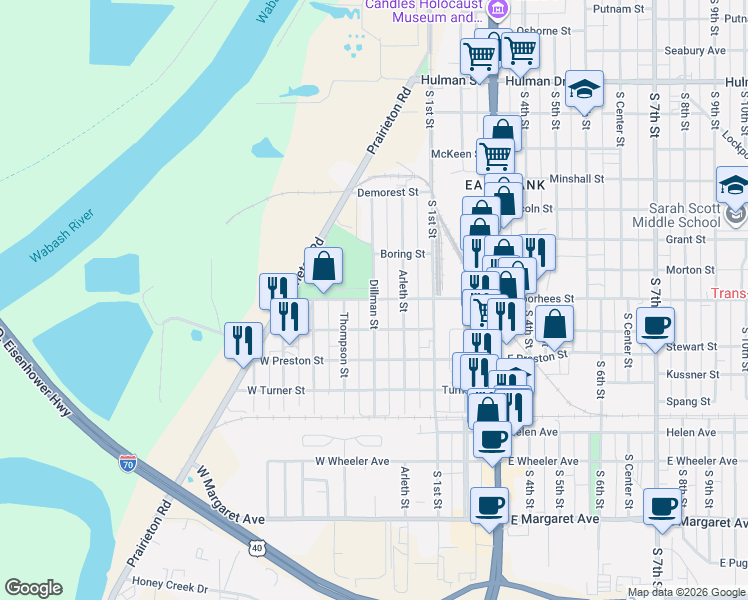 map of restaurants, bars, coffee shops, grocery stores, and more near 99 West Voorhees Street in Terre Haute