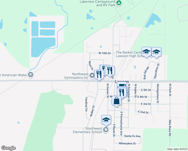 map of restaurants, bars, coffee shops, grocery stores, and more near 400 West 8th Terrace in Lawson
