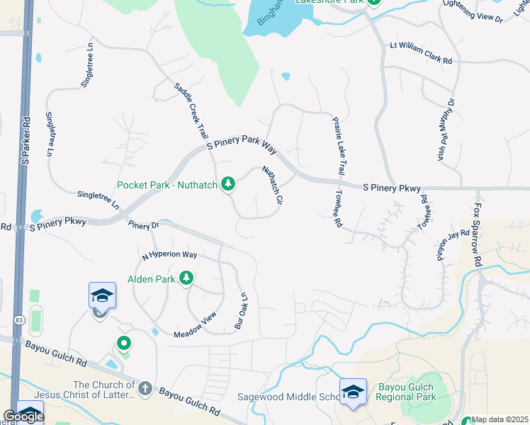 map of restaurants, bars, coffee shops, grocery stores, and more near 7614 Nuthatch Circle in Parker