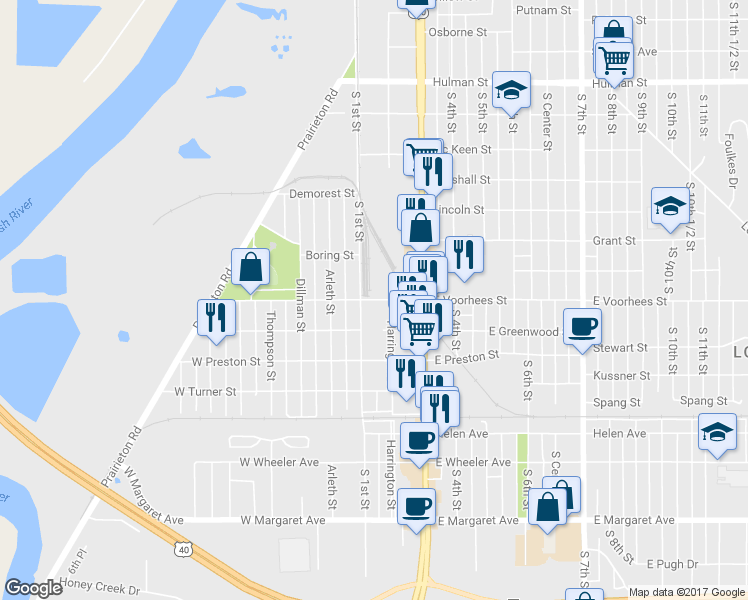 map of restaurants, bars, coffee shops, grocery stores, and more near 145 Voorhees Street in Terre Haute