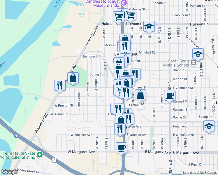 map of restaurants, bars, coffee shops, grocery stores, and more near 145 Voorhees Street in Terre Haute