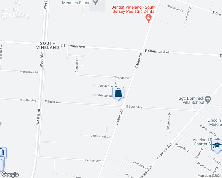 map of restaurants, bars, coffee shops, grocery stores, and more near 531 Jennifer Lane in Vineland