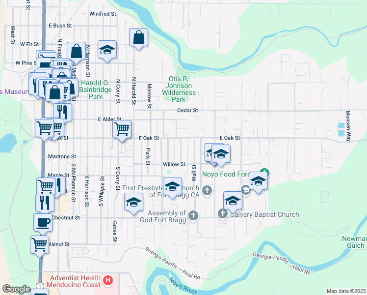 map of restaurants, bars, coffee shops, grocery stores, and more near 134 Livingston Street in Fort Bragg