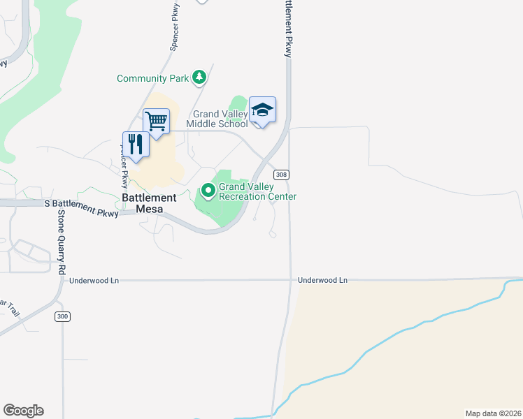 map of restaurants, bars, coffee shops, grocery stores, and more near 9 West Ridge Court in Battlement Mesa
