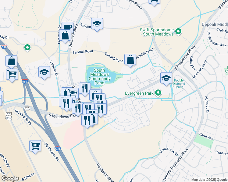 map of restaurants, bars, coffee shops, grocery stores, and more near 1001 South Meadows Parkway in Reno