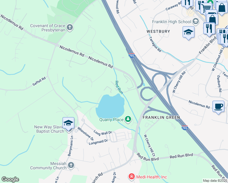 map of restaurants, bars, coffee shops, grocery stores, and more near 605 Quarry View Court in Reisterstown