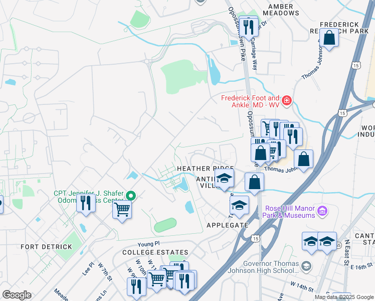 map of restaurants, bars, coffee shops, grocery stores, and more near 730J Heather Ridge Drive in Frederick
