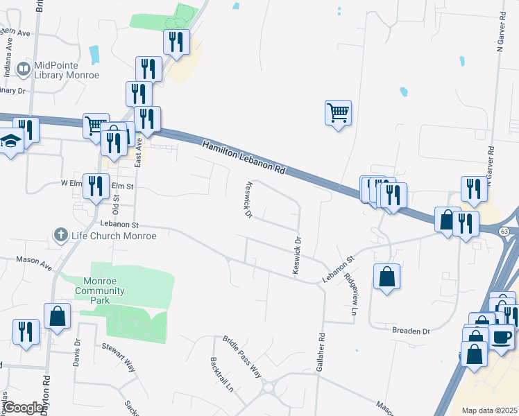 map of restaurants, bars, coffee shops, grocery stores, and more near 25 Pleasant Court in Monroe