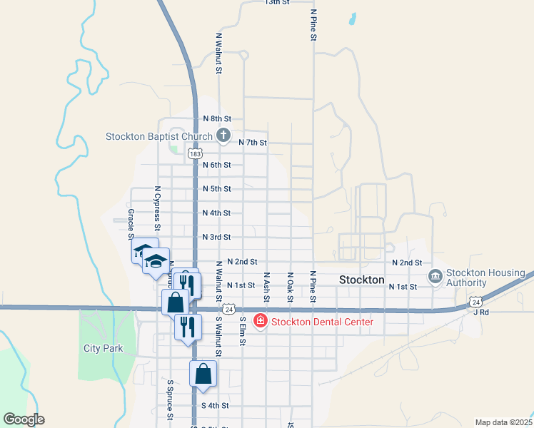 map of restaurants, bars, coffee shops, grocery stores, and more near 701 North 4th Street in Stockton