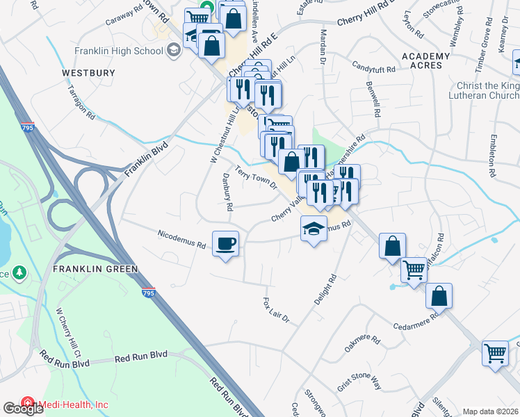 map of restaurants, bars, coffee shops, grocery stores, and more near 111 Rockrimmon Road in Reisterstown