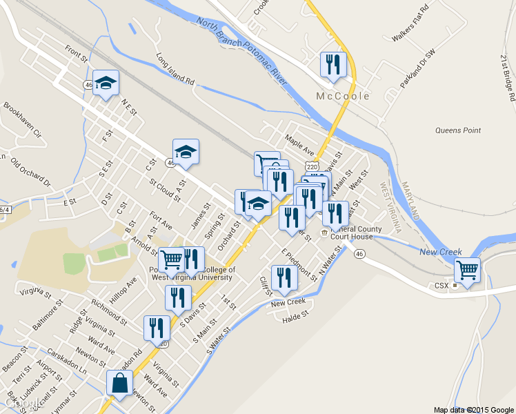 map of restaurants, bars, coffee shops, grocery stores, and more near Highway 46 in Keyser